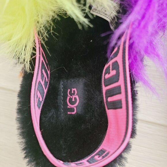 New Ugg Fluff Yeah Party Spots Slide Slippers 7 Black Neon Multi Faux Fur - Picture 6 of 9
